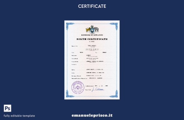 modello PSD del certificato di nascita del certificato di stato civile Eswatini 
